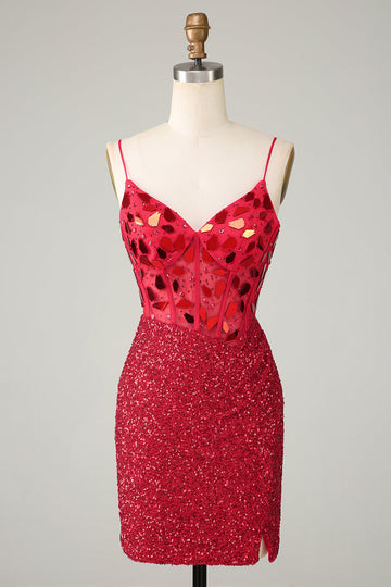 Corsé rojo brillante Espejo de lentejuelas Vestido ajustado de bienvenida